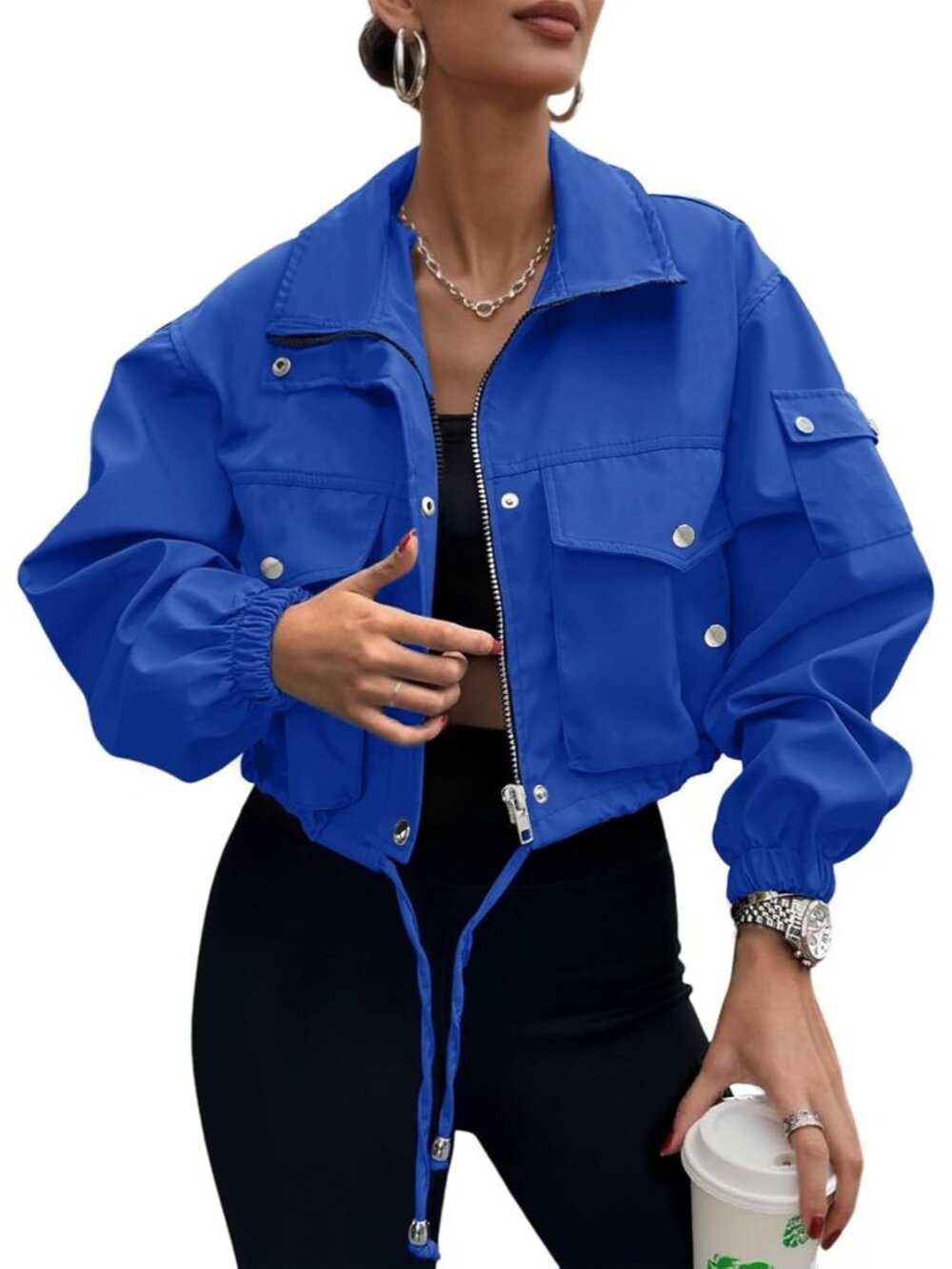 Women's Blue 100% Polyester Cropped Zip Up Cargo Utility Anorak Bomber Jacket